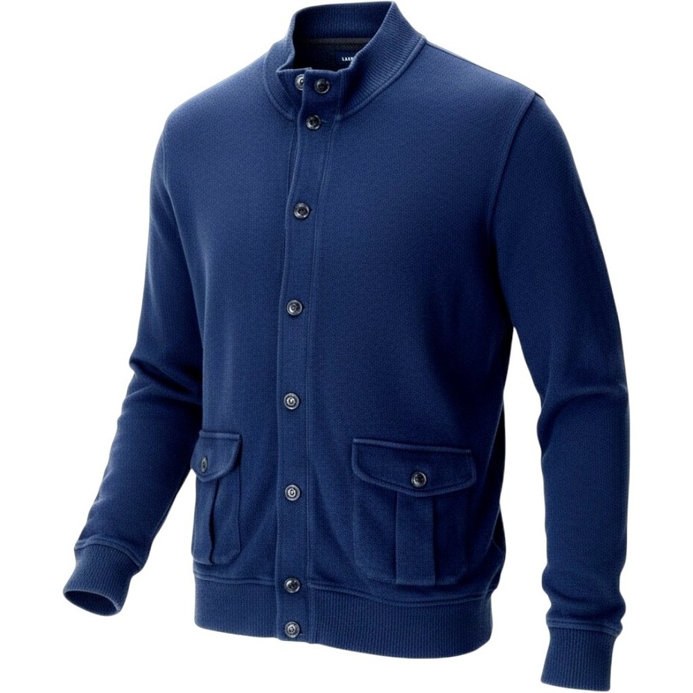 Lands End Drifter Mens Cardigan Sweater L 42 44 Blue Cotton Mock Neck Button Up